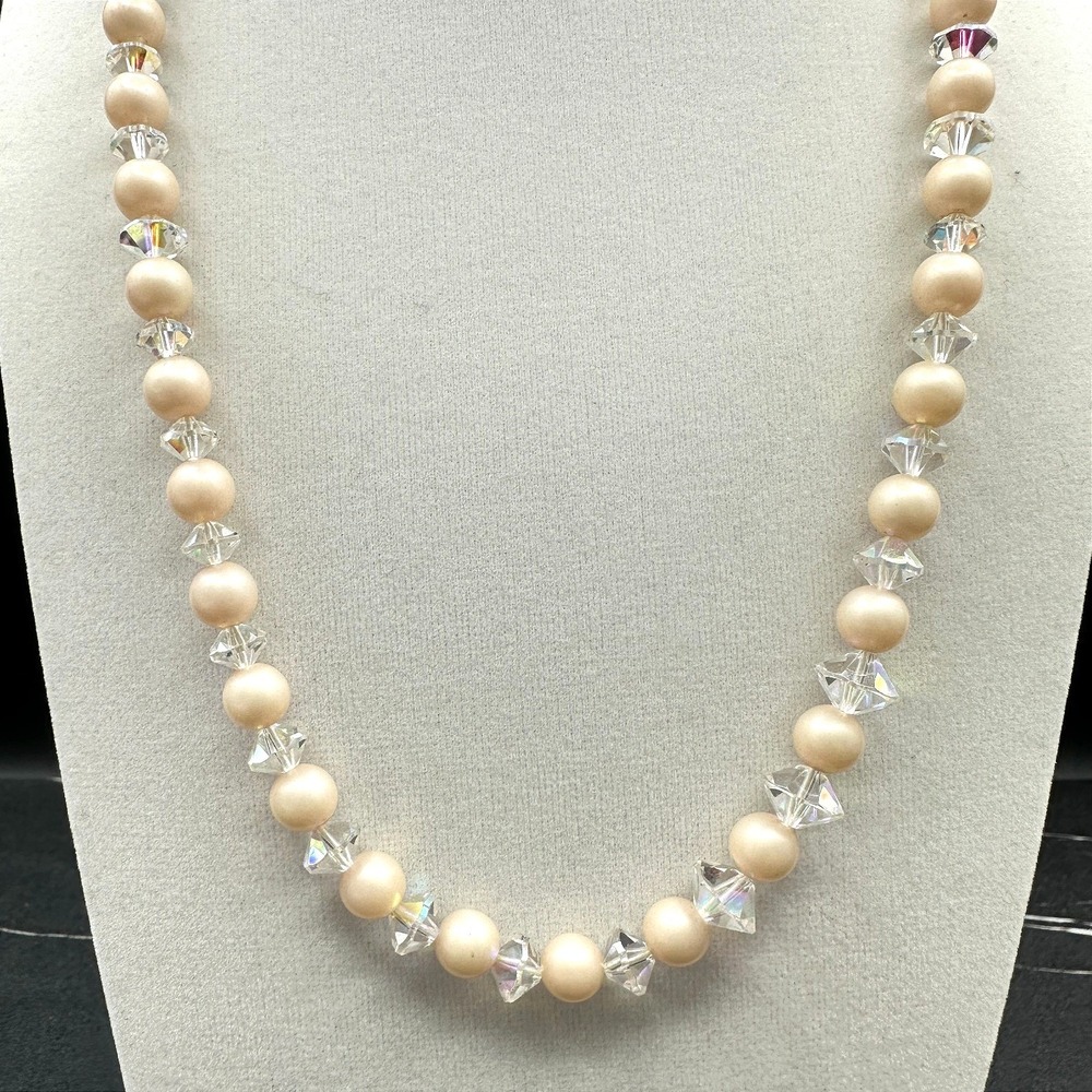 Vintage Cream Peach Faux Pearl Clear Crystal Choker Necklace 21" Classic Glam